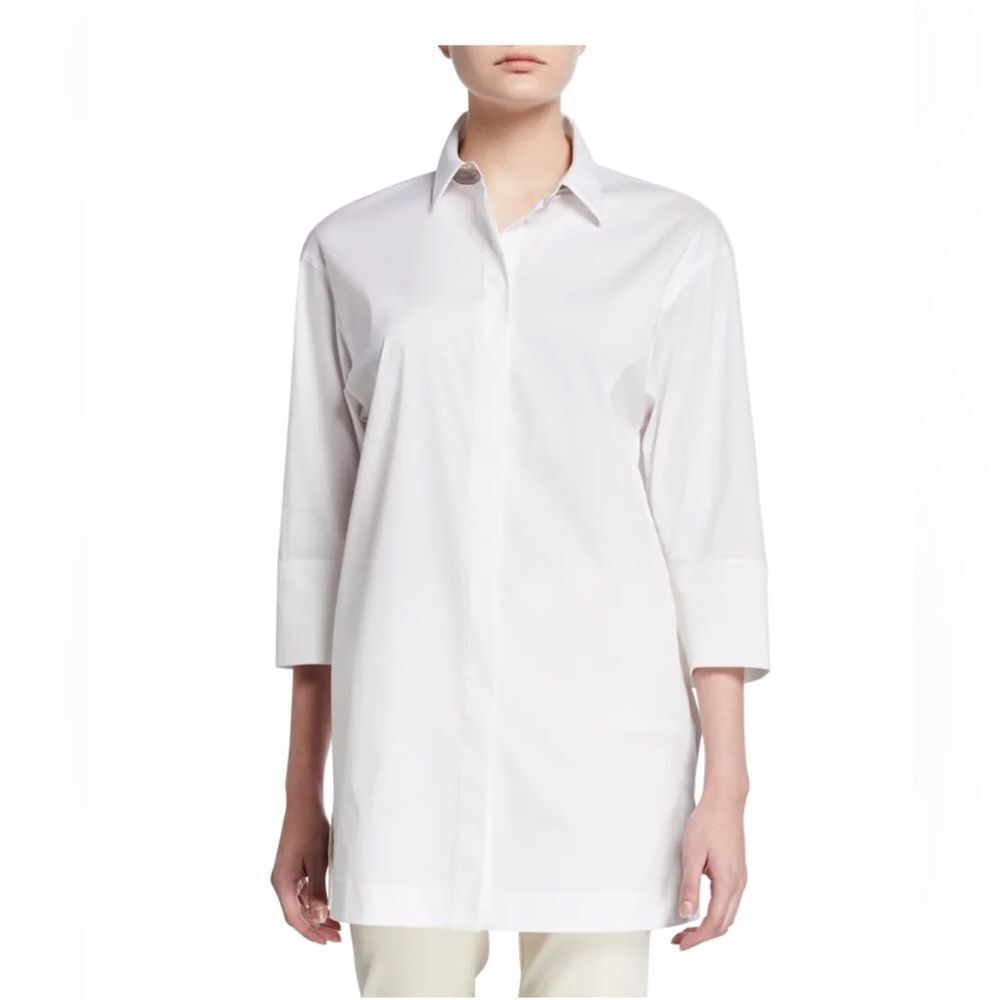 Lafayette 148 New York white Button-Down 3/4-Sleeve Shirt with Chain Det…